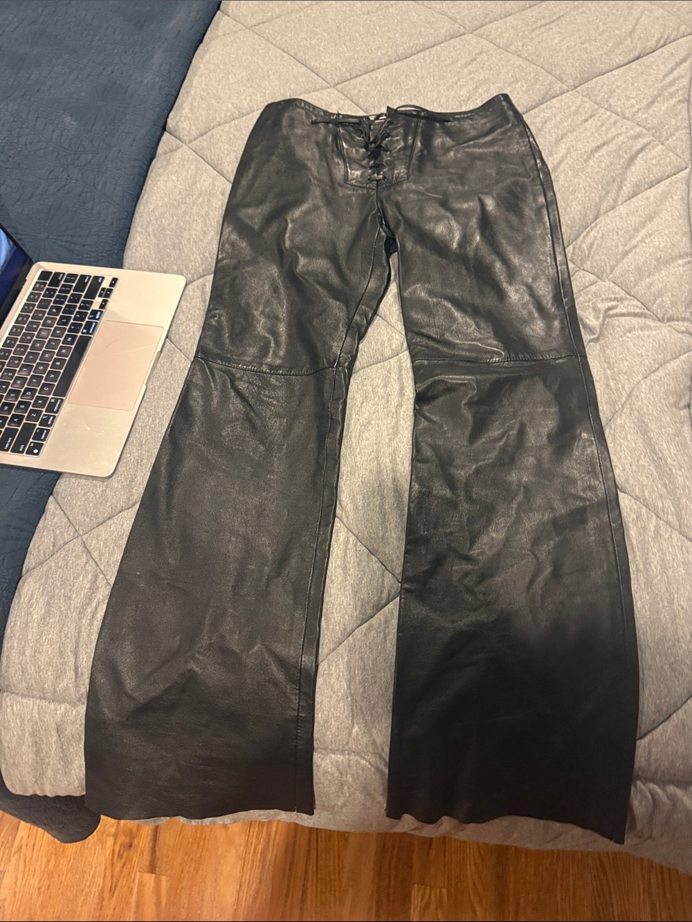 BCBGMaxAzria Black Leather Lace-Up Flare Jeans